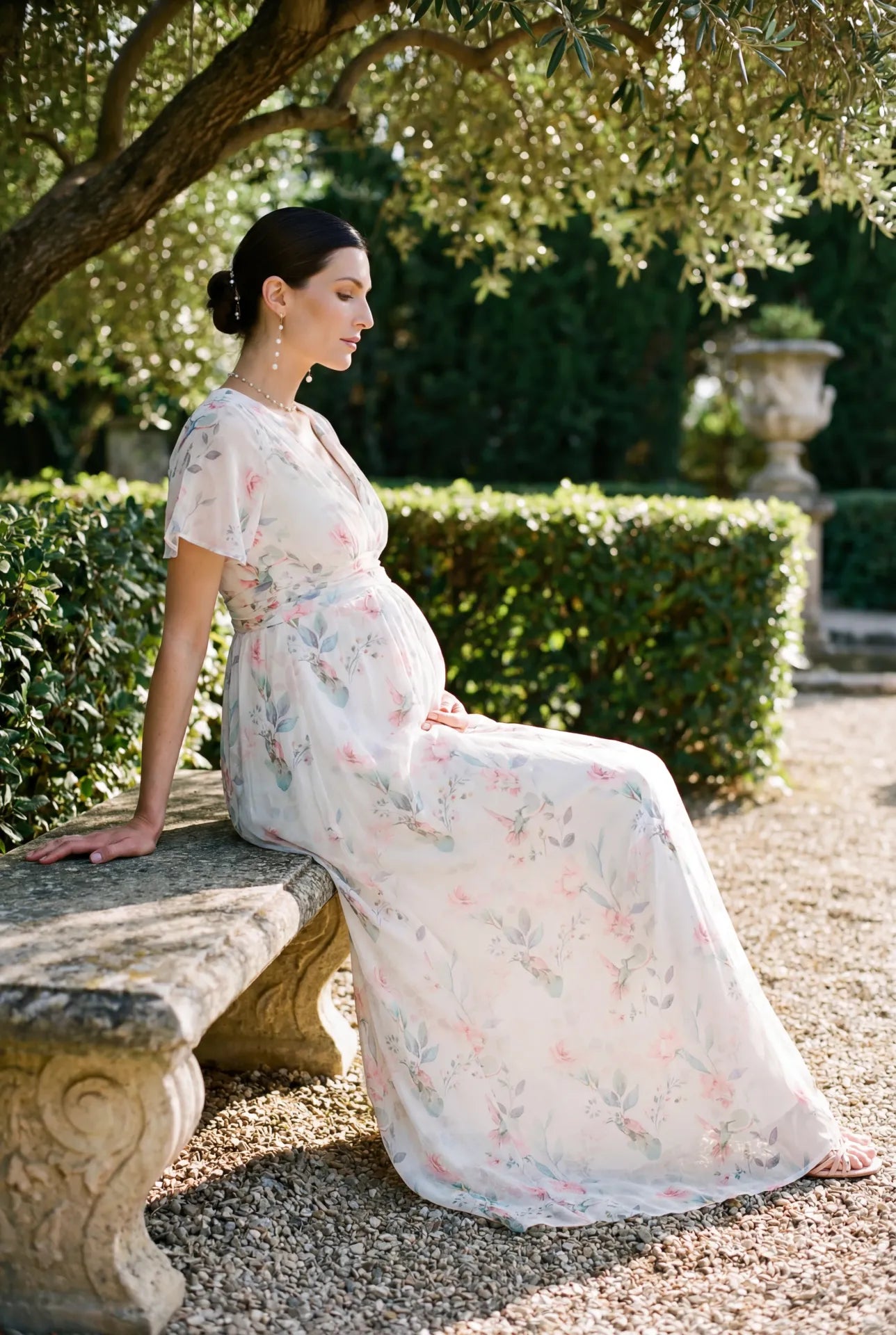 Maxi Chiffon Umstands- und Stillkleid mit Pastell Print_ED4