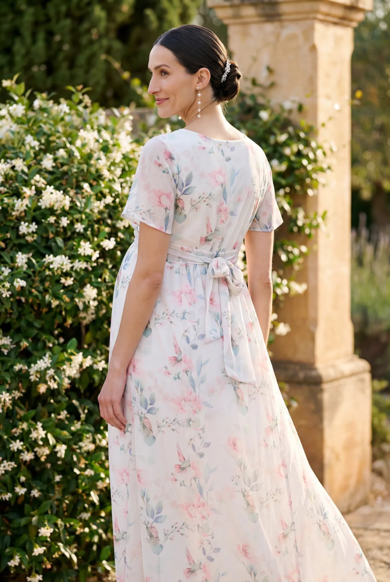 Maxi Chiffon Umstands- und Stillkleid mit Pastell Print_ED5