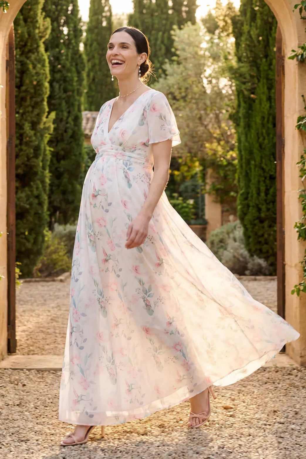 Maxi Chiffon Umstands- und Stillkleid mit Pastell Print_ED6