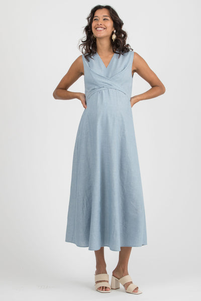 Midi Cross-Over Umstands- und Stillkleid aus Leinen hellblau