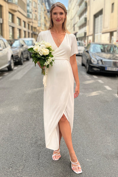 Midi maternity and nursing wedding dress in a wrap style