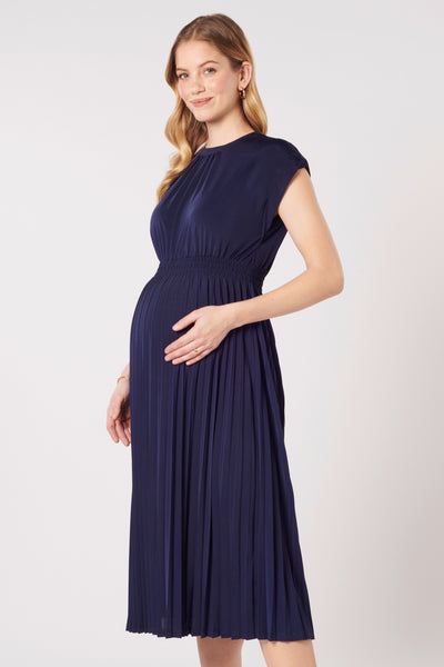 Midi maternity dress with pleats, navy