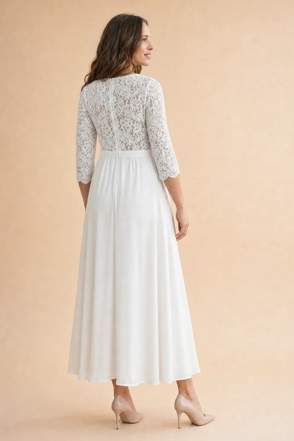 Midi Umstands-und Stillbrautkleid mit Cache Coeur Ausschnitt im Materialmix_3