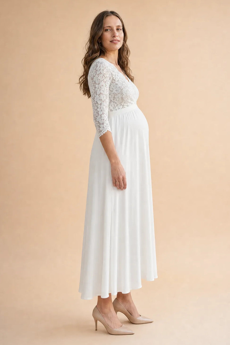 Midi Umstands-und Stillbrautkleid mit Cache Coeur Ausschnitt im Materialmix_4
