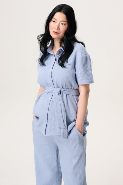 Musselin Umstands- und Stillbluse mit Bindegürtel hellblau