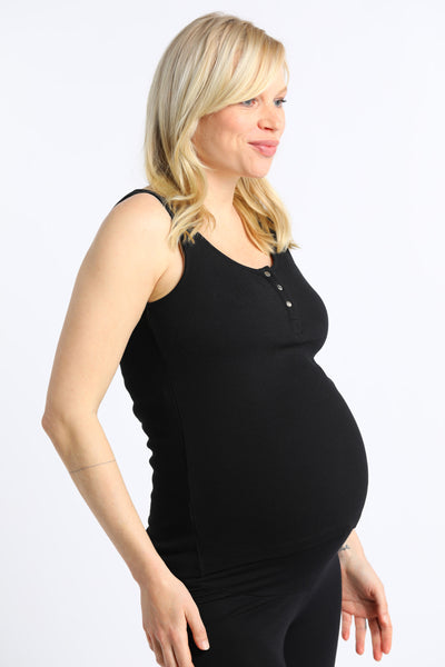 Organic maternity and nursing top with button placket, black