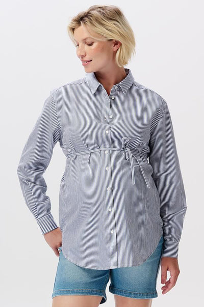 Umstands- und Stillbluse mit Bindegürtel blau gestreift