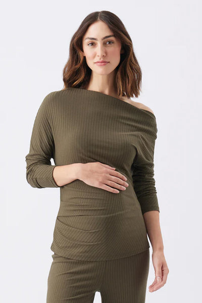 Off-shoulder ribbed maternity shirt khaki
