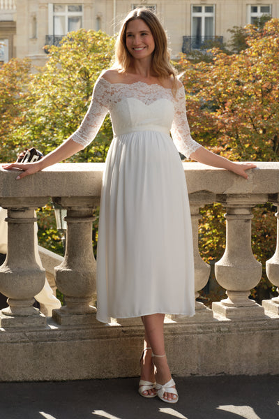 Off Shoulder Umstandsbrautkleid aus Spitze