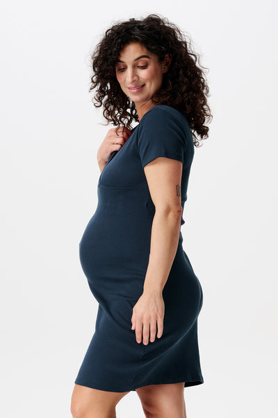 Organic ribbed maternity and nursing nightgown, short sleeve, navy