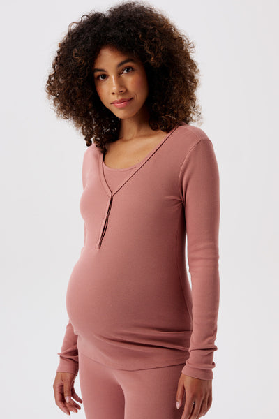 Organic ribbed maternity and nursing shirt, long sleeves, terracotta