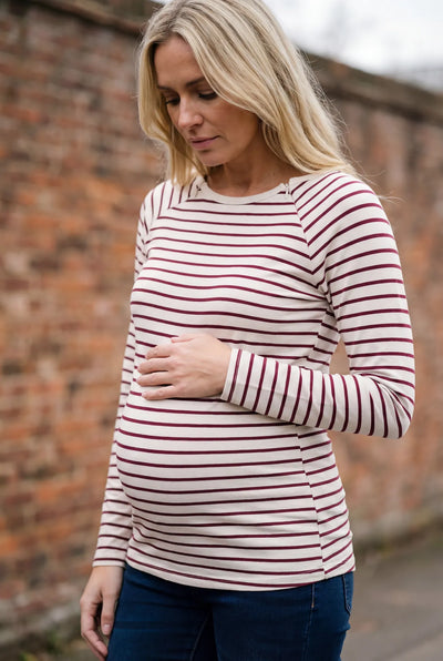 Organic maternity and nursing shirt, striped burgundy