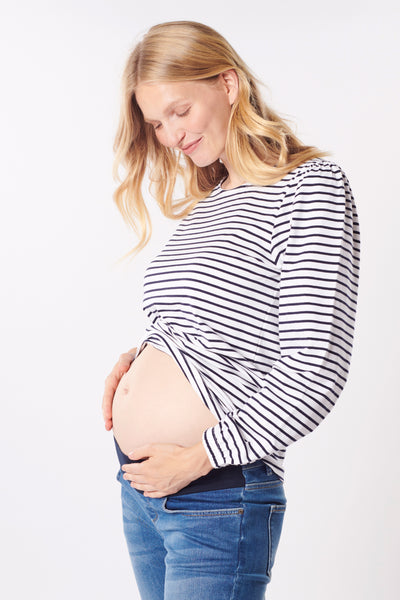 Organic striped maternity shirt with puff sleeves