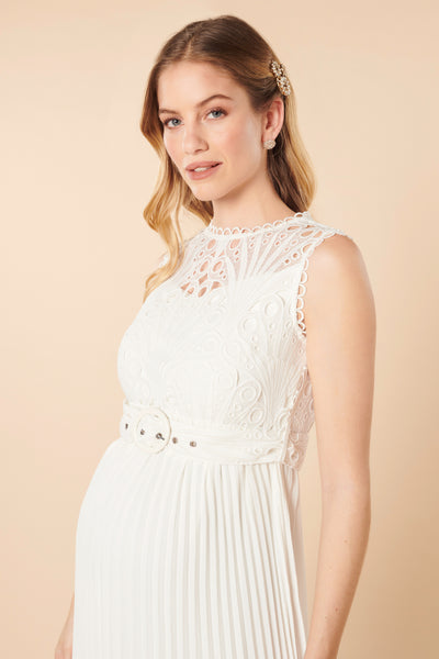 Pleated maternity wedding dress with ornamental lace and belt