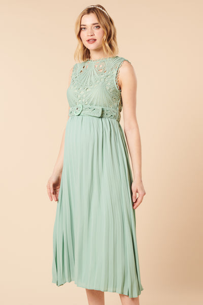 Pleated maternity dress with ornamental lace and belt, mint