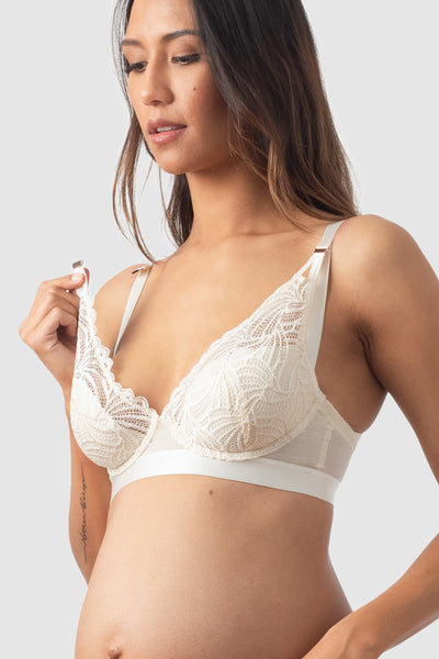 Plunge maternity and nursing bra in ivory lace