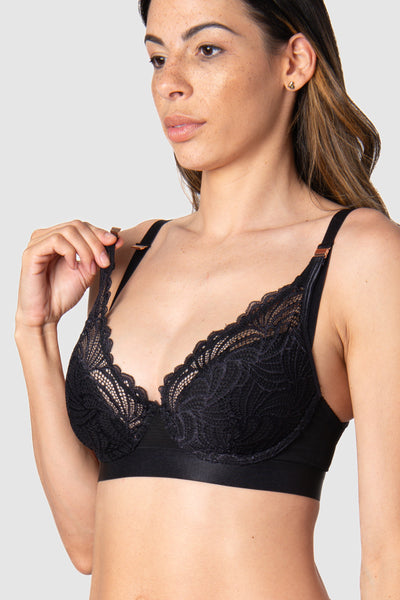Plunge lace maternity and nursing bra, black