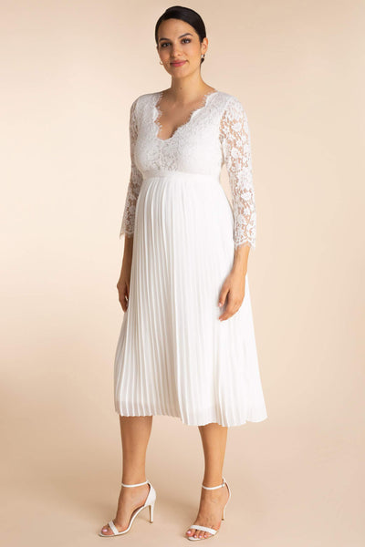 Plus size maternity wedding dress with lace bodice and pleated 3/4 sleeves
