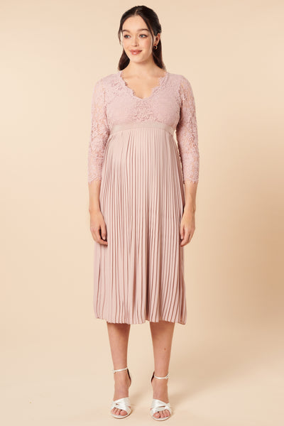 Plus Size Festive Maternity Dress with Lace Top and Pleated 3/4 Sleeves, Rose