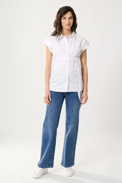 Popeline Kurzarm Umstands- und Stillbluse mit Bindedetail