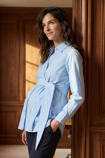 Popeline Umstands- und Stillbluse mit Bindedetail mittelblau