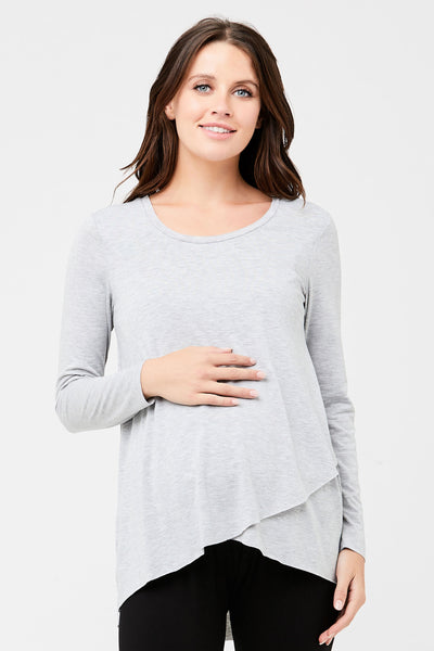 Raw Edge Long Sleeve Maternity and Nursing Shirt Grey