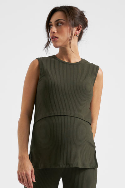 Double-layered Ribb maternity and nursing top, khaki