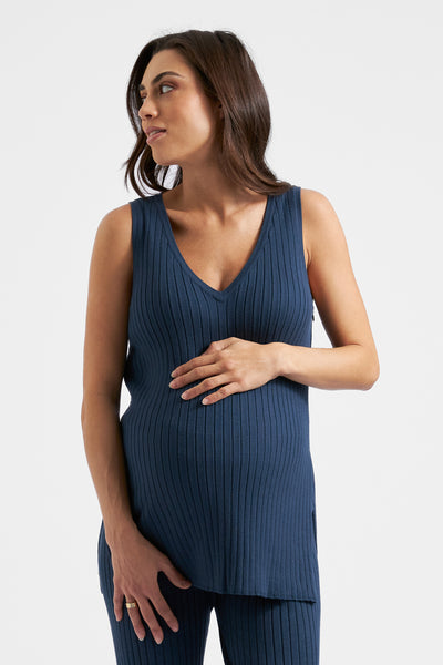 Ribbed maternity top with zip and nursing access, slate blue