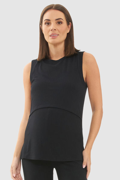 Double-layered ribbed maternity and nursing top, black