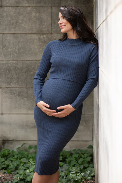 Rippstrick Umstands- und Stillkleid schieferblau