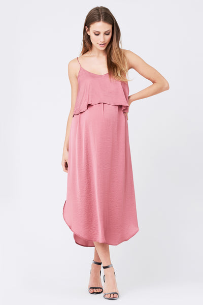 Two-layer maternity and nursing dress with spaghetti straps, pink