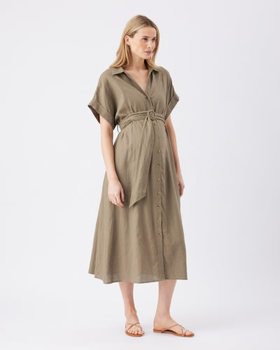 Umstands- und Still-Hemdblusenkleid aus Leinen olivgrün