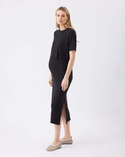 Doppellagiges Ribbed Umstands- und Stillkleid schwarz