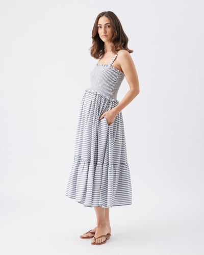 Midi Maternity Tiered Dress with Stripes Indigo/White