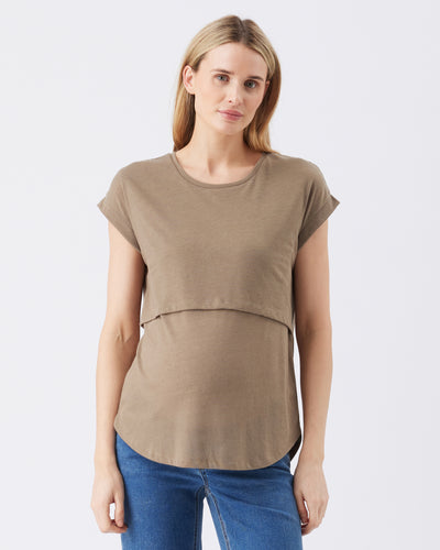 Linen maternity and nursing shirt, olive green