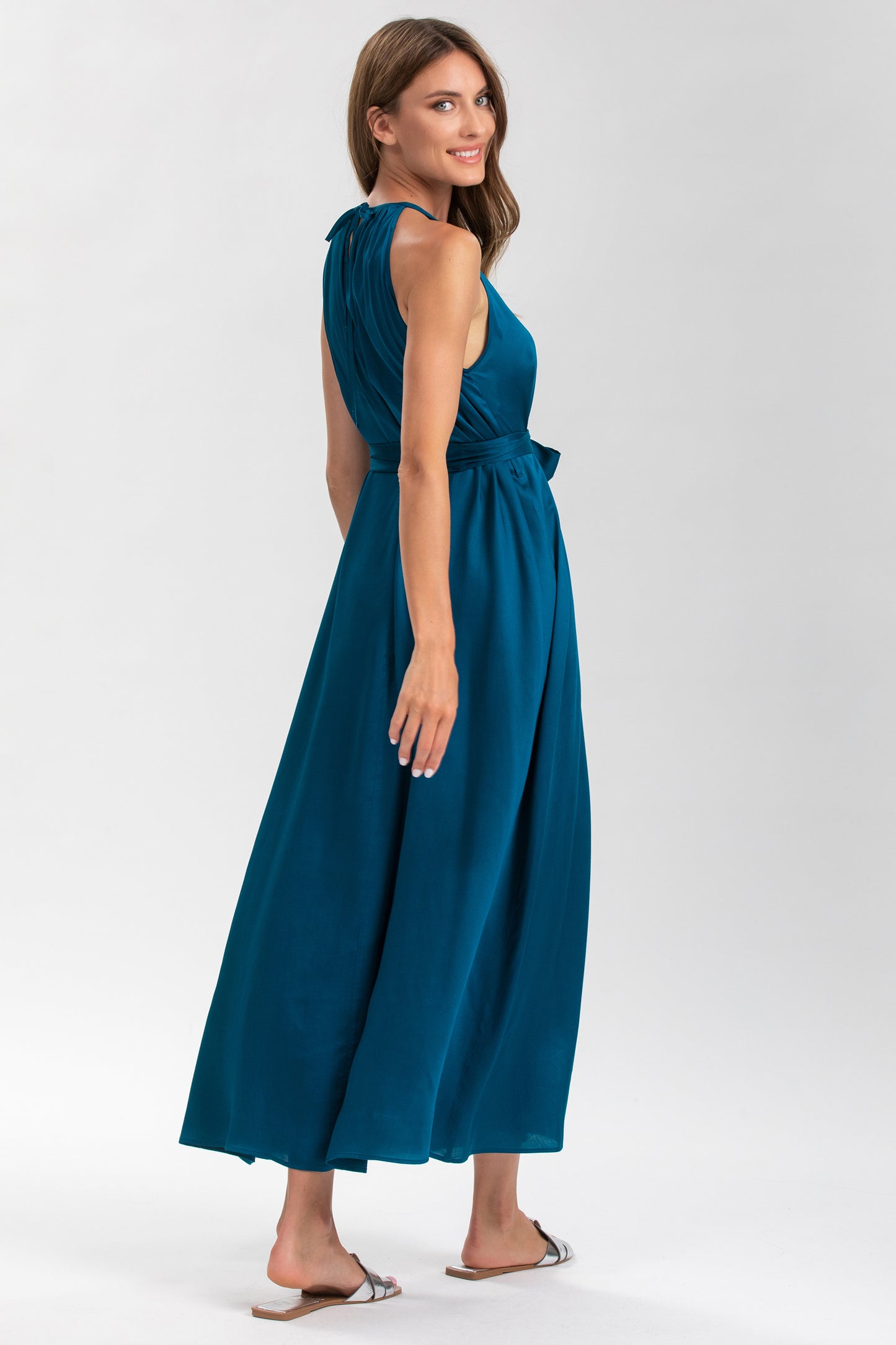 Satin Maxi Neckholder Umstandskleid petrol