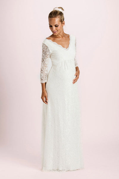 Long maternity wedding dress with lace sleeves