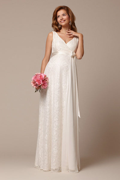 Long maternity wedding dress with lace and sash