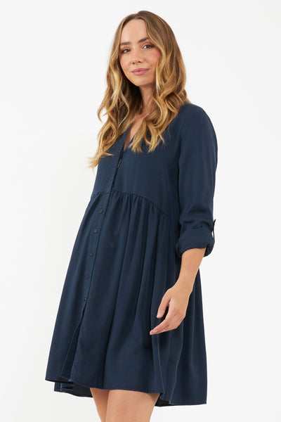 Tencel maternity and nursing dress with button placket, navy