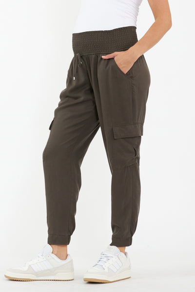 Tencel maternity trousers with smocked waistband, khaki