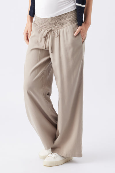 Tencel Wide Leg Maternity Trousers with Smock Waistband, Beige