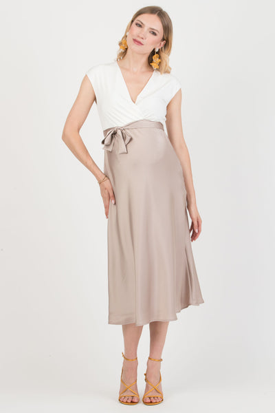 Maternity and nursing dress in a material mix with a taupe satin skirt
