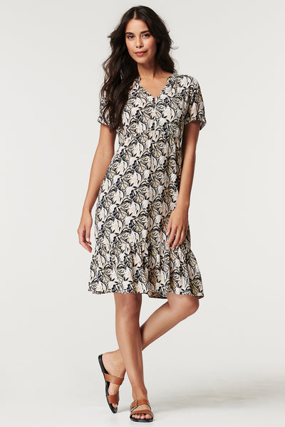 Maternity and nursing dress with leaf print