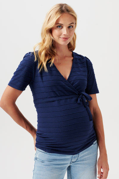 Maternity and nursing shirt with tie belt, navy
