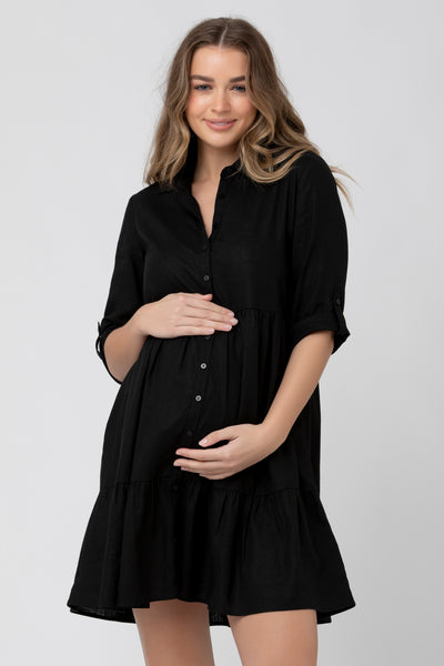Maternity and nursing tunic dress with button placket, black