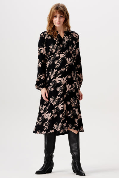 Maternity and nursing dress with balloon sleeves and print
