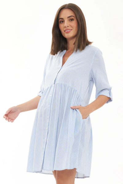 Maternity and nursing tunic dress with blue/white stripes