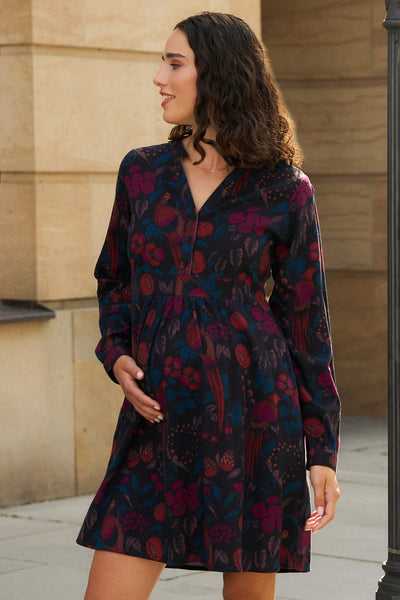 Umstands- und Stillkleid mit Knöpfen Vogel Print