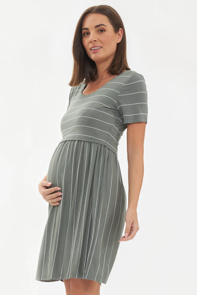 Umstands- und Stillkleid olive/weiß gestreift