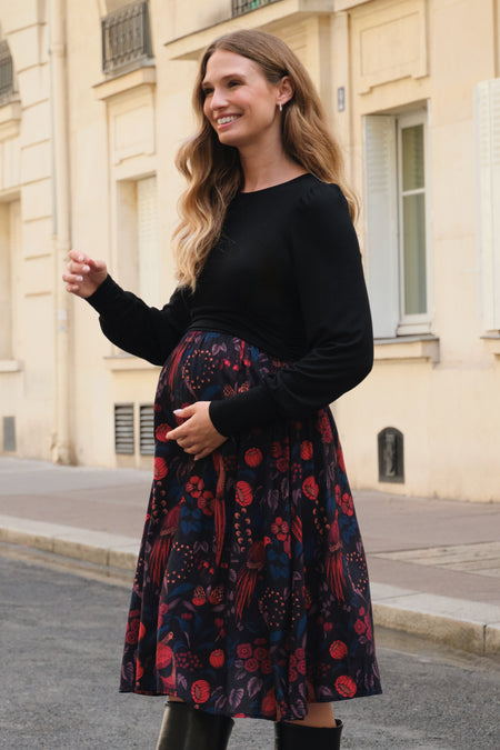Umstands- und Stillkleid mit Knöpfen Vogel Print